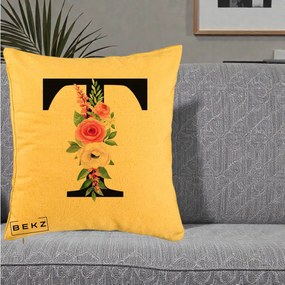 Cadou Personalizat - Perna Personalizata Monograma Florala Litera T, 40x40 cm, Galben, Husa Detasabila, Perna Inclusa, BEKZ®