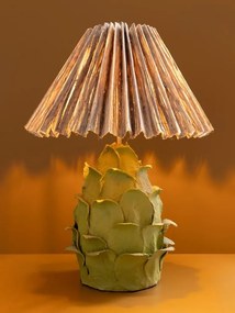 Lampă de masă din iută cu abajur plisat natur și structură din hârtie mâché verde, formă florală sculptată, finisaj natural, 67,5×50 cm, „Artyso"