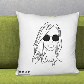 Perna Decorativa Beauty Girl Line Art, 40x40 cm, Alb Pufos, Husa Detasabila, Perna Inclusa, BEKZ®