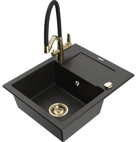 Chiuvetă granit Mexen Enzo 1-cameră cu picurător și baterie de bucătărie Duo, negru/auriu metalizat - 6506-75-671701-57-G