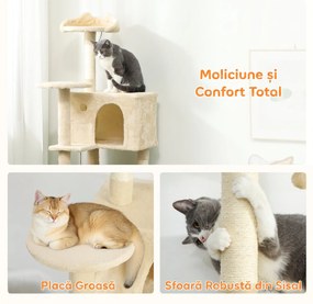 PawHut Ansamblu pentru Pisici, 140 Cm, cu 2 Căsuțe, Hamac, Culcuș și Stâlpi din Sisal, Bej | Aosom Romania