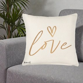 Perna Decorativa Love Caligrafie Aurie, 40x40 cm, Crem Reliefat, Husa Detasabila, Perna Inclusa, BEKZ®