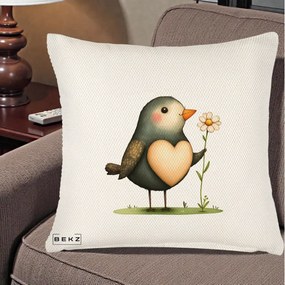 Perna Decorativa Pasare cu Inima si Margareta, 40x40 cm, Crem Reliefat, Husa Detasabila, Perna Inclusa, BEKZ®