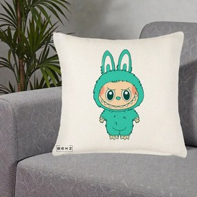 Perna Personalizata Labubu Turcoaz, 40x40 cm, Crem Reliefat, Husa Detasabila, Perna Inclusa, BEKZ®
