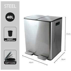 Coș de gunoi argintiu mat pentru reciclare/cu pedală 2x20 l din oțel Aliya – Spirella