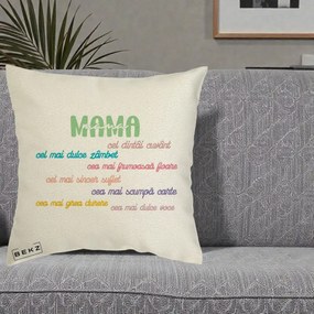 Cadou pentru Mama - Perna Personalizata Mama Cel Dintai Cuvant cu Text Colorat Multicolor, 40x40 cm, Ecru, Husa Detasabila, Perna Inclusa, BEKZ®