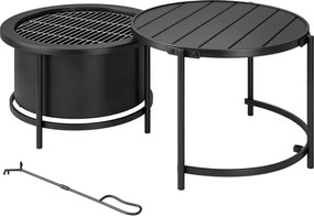 Outsunny Focar 66 x 63 x 41 cm Rotund loc de foc cu grătar, cârlig, capac, suport Negru | Aosom Romania