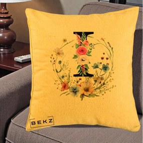 Cadou Personalizat - Perna Personalizata Monogram Litera I cu Flori Acuarela, 40x40 cm, Galben, Husa Detasabila, Perna Inclusa, BEKZ®