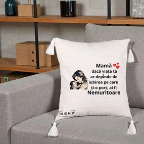Cadou pentru Mama - Perna Personalizata Mama Nemuritoare Aproape de Bebe, 40x40 cm, Bej cu Franjuri, Husa Detasabila, Perna Inclusa, BEKZ®