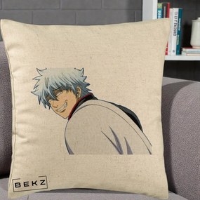Perna Personalizata Gintama Gintoki Portret cu Zambet, 40x40 cm, Bej, Husa Detasabila, Perna Inclusa, BEKZ®
