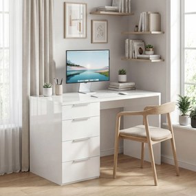 HOMCOM Birou Compact, 110x61.5x75 cm Birou Modern cu 4 Sertare, Masă pentru Computer, Cameră și Birou, Alb Lucios | Aosom Romania