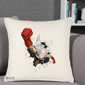 Perna Personalizata One Punch Man Saitama Pumn, 40x40 cm, Crem Reliefat, Husa Detasabila, Perna Inclusa, BEKZ®