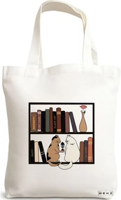 Sacosa de Panza pentru Cumparaturi, Geanta Tote, model Cat Booky Life 2, 38 x 34.5 cm, Alba, BEKZ®