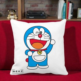Perna Personalizata Doraemon Salutand, 40x40 cm, Alba Mata, Husa Detasabila, Perna Inclusa, BEKZ®