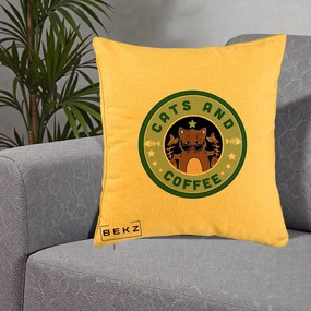 Perna Personalizata Cats and Coffee Starbucks, 40x40 cm, Galben, Husa Detasabila, Perna Inclusa, BEKZ®