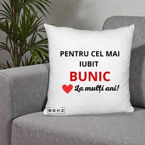 Cadou pentru Bunic - Perna Personalizata Pentru Cel Mai Iubit Bunic La Multi Ani Rosu, 40x40 cm, Alb Pufos, Husa Detasabila, Perna Inclusa, BEKZ®