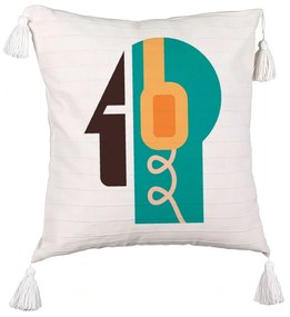 Perna Decorativa cu Franjuri, Model Abstract, 45x45 cm, Ecru, Cu fermoar