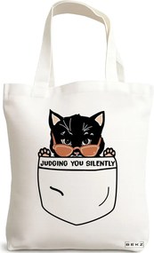 Sacosa de Panza pentru Cumparaturi, Geanta Tote, model Judging you silently, 38 x 34.5 cm, Alba, BEKZ®