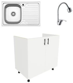 Set Masca Chiuveta Karo, Alb, 80 x 50 x 80 cm, Chiuveta Inox, Cuva stanga, Baterie Flexibila