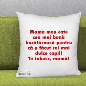 Cadou pentru Mama - Perna Personalizata Mama cea Mai Buna Bucatareasa, 40x40 cm, Alb Pufos, Husa Detasabila, Perna Inclusa, BEKZ®