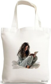 Sacosa de Panza pentru Cumparaturi, Geanta Tote, model The bookie girl 14 38 x 34.5 cm, Alba, BEKZ®
