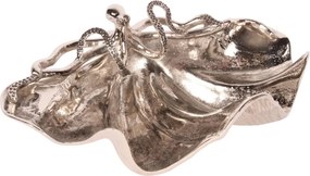 Bol decorativ din aluminiu reciclat, argintiu, în formă de scoică mare, cu caracatiță, centru de masă, finisaj lucios, 14 x 43 x 28 cm, „Bénitier”