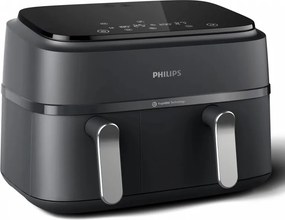 Friteuza dubla cu aer cald Philips NA351/00, 2750 W, 6+3 l, 80-200°C, 1,5 kg, 8 programe, Ecran tactil, Copiere si sincronizare, Negru/Argintiu
