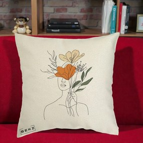 Perna Decorativa Portret Feminin Coroana Florala, 40x40 cm, Ecru, Husa Detasabila, Perna Inclusa, BEKZ®