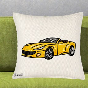 Perna Personalizata Masina Cabriolet Galbena Grafic, 40x40 cm, Crem Reliefat, Husa Detasabila, Perna Inclusa, BEKZ®