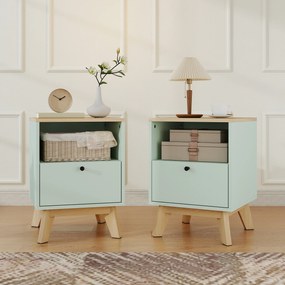 HOMCOM Set de 2 noptiere, noptiere cu sertar și compartiment deschis, 40 x 40 x 55 cm, stejar și verde deschis | Aosom Romania