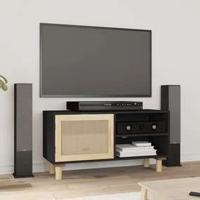 Comoda TV, negru, 80x30x40 cm, lemn masiv pin si ratan natural 1, Negru