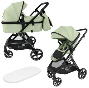 Carucior multifunctional transformabil 2 in 1 Kidizi Moveo verde, include saltea pentru landou si geanta pentru accesorii, cadru negru