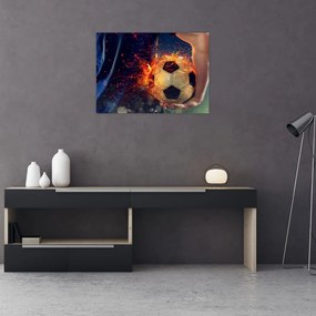 Tablou pe sticlă - Minge de fotbal în flăcări (70x50 cm)