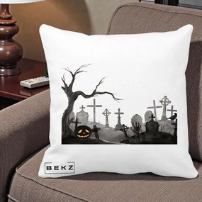 Perna Decorativa Halloween Cimitir Acuarela cu Dovleac, 40x40 cm, Alba Mata, Husa Detasabila, Perna Inclusa, BEKZ®