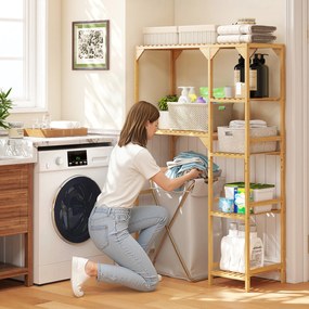 HOMCOM Mobilier deasupra mașinii de spălat din bambus cu 7 rafturi reversibile, spațiu economisitor, pentru depozitare și organizare, pentru baie și spălătorie, 100x40x157 cm, culoare lemn | Aosom Romania