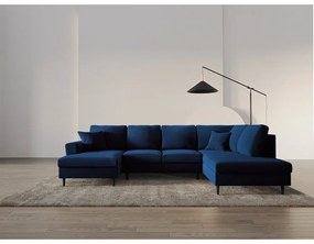 Colțar albastru extensibil, cu spațiu de depozitare cu tapițerie din catifea (cu colț pe partea dreaptă-în formă de "U") Kyoto – Cosmopolitan Design