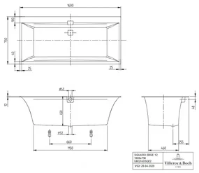 Cada dreptunghiulara, Villeroy&amp;Boch Squaro Edge 12, compozit Quaryl, 160x75cm, Alb Alpin, UBQ160SQE2DV-01