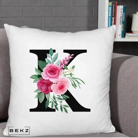 Cadou Personalizat - Perna Personalizata Monograma Florala Litera K, 40x40 cm, Alb Pufos, Husa Detasabila, Perna Inclusa, BEKZ®