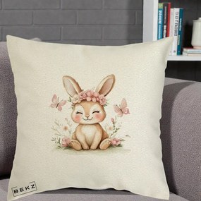 Perna Decorativa Iepuras cu Coronita Florala Roz, 40x40 cm, Ecru, Husa Detasabila, Perna Inclusa, BEKZ®