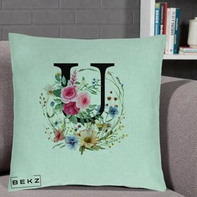 Cadou Personalizat - Perna Personalizata Monogram Litera U cu Flori Acuarela, 40x40 cm, Verde Menta, Husa Detasabila, Perna Inclusa, BEKZ®