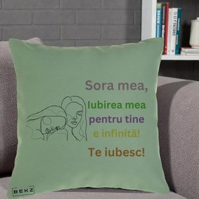 Cadou pentru Sora - Perna Personalizata Sora Mea Te Iubesc Line Art Fete Colorate Brate Ridicate, 40x40 cm, Verde, Husa Detasabila, Perna Inclusa, BEKZ®
