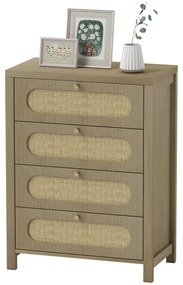 HOMCOM Comodă 4 sertare mobilier de depozitare stil boemian cu uși din răchită, 70 x 38 x 93 cm, efect lemn natural | Aosom Romania