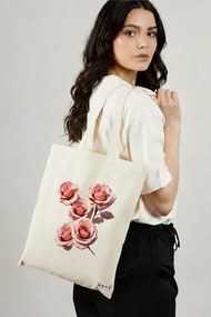 Sacosa de Panza pentru Cumparaturi, Geanta Tote, model Flower Bouquet 4, 38 x 34.5 cm, Alba, BEKZ®