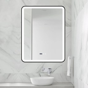 Oglindă Baie LED și Dezaburire Elit's Premium cu Senzor Touch, Lumina Rece, Caldă și Neutră, 70x90cm, cu rama Negru Antichizat, Ceas