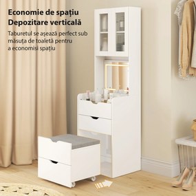 HOMCOM Stație de Machiaj cu Lumini LED în 3 Culori, Oglindă Rabatabilă, Scaun Ascuns, Măsuță de Machiaj cu Scaun Îmbunătățit, 3 Sertare, Compartiment, Dulap cu Uși din Sticlă, Modern, Alb | Aosom Romania