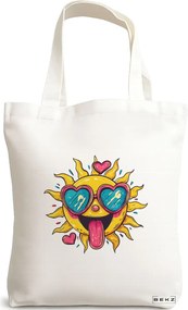 Sacosa de Panza pentru Cumparaturi, Geanta Tote, model Sun faces 14 38 x 34.5 cm, Alba, BEKZ®