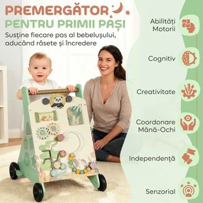 AIYAPLAY Cărucior pentru Primii Pași In Lemn Con Frână Reglabil, 18+ Luni, Verde | Aosom Romania