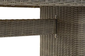 Set dining exterior din metal și sticlă, masă + 5 scaune, polirattan și stofă