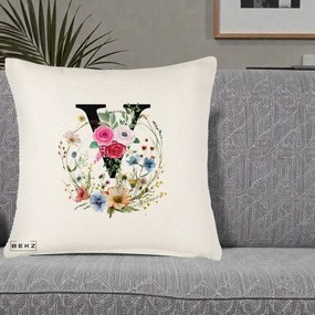 Cadou Personalizat - Perna Personalizata Monograma Florala Litera V cu Coroana, 40x40 cm, Crem Reliefat, Husa Detasabila, Perna Inclusa, BEKZ®
