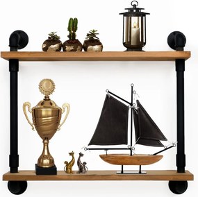 Raft cu 2 polite stil industrial din lemn-metal Homs 50x48x12 cm